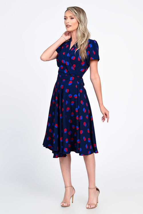 Rochie bleumarin cu imprimeu geometric și croi cloș – model Melina Natalee Fashion