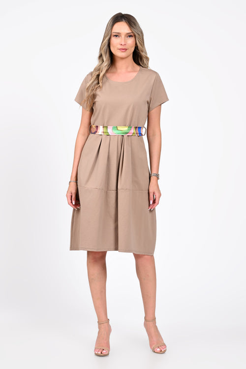 Rochie damă bej cu buzunare și cordon decorativ – Nadine Natalee Fashion
