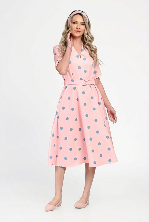 Rochie damă din bumbac cu buline și cordon în talie Bianca Natalee