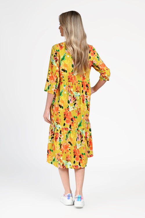 Rochie damă din in cu viscoză cu imprimeu floral galben Mirela Natalee