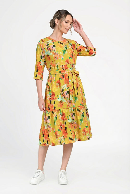 Rochie damă din in cu viscoză cu imprimeu floral galben Mirela Natalee