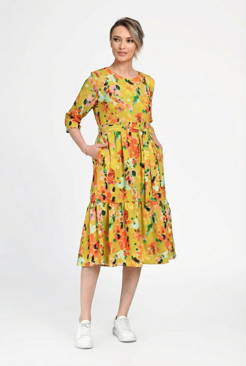 Rochie damă din in cu viscoză cu imprimeu floral galben Mirela Natalee