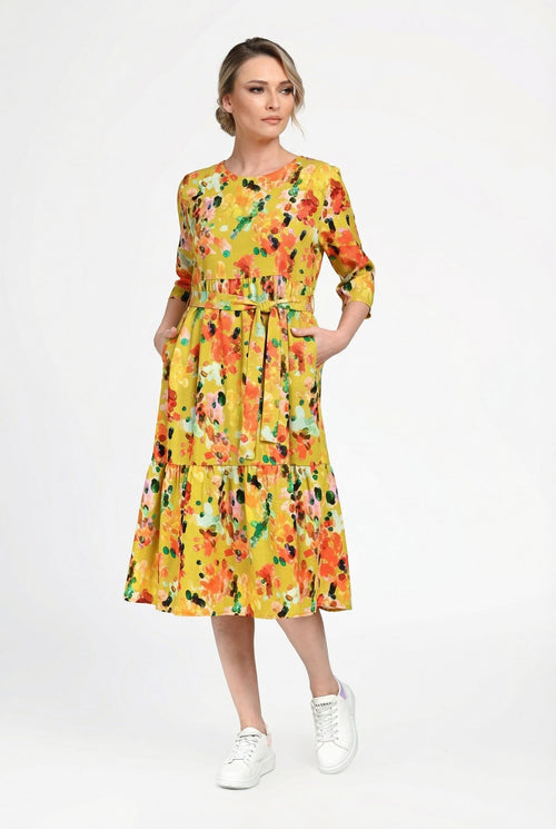 Rochie damă din in cu viscoză cu imprimeu floral galben Mirela Natalee