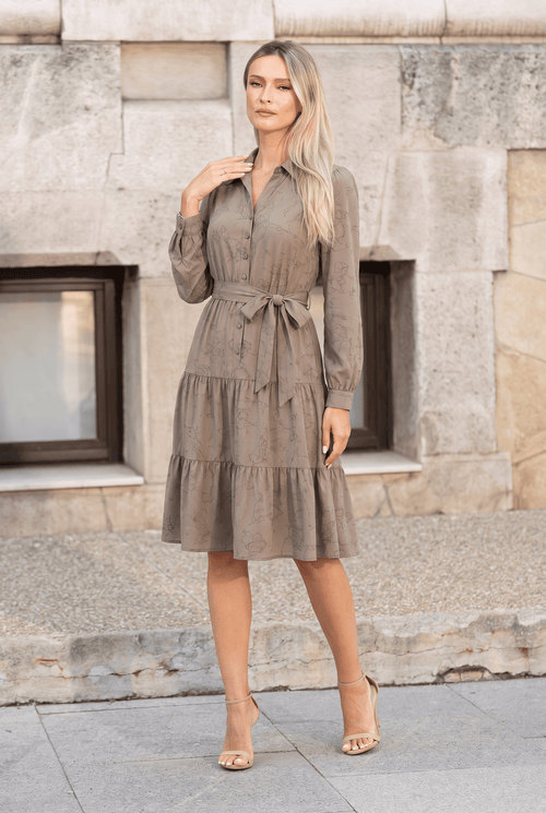 Rochie damă midi taupe cu imprimeu floral Daria Natalee Fashion