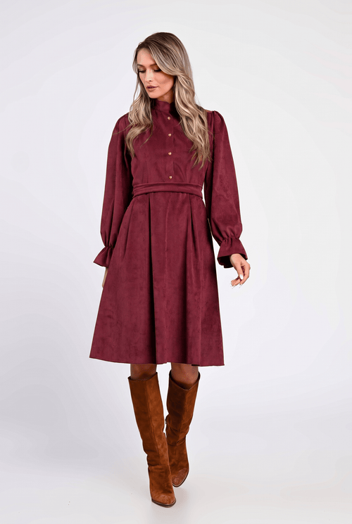 Rochie din raiat bordo, cu guler tunică și nasturi decorativi Natalee