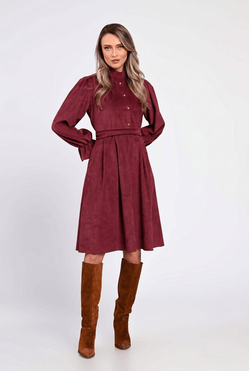 Rochie din raiat bordo, cu guler tunică și nasturi decorativi Natalee