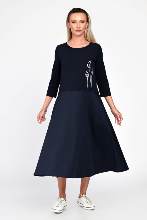 Rochie Eranthe bleumarin din tricot si poplin Eranthe