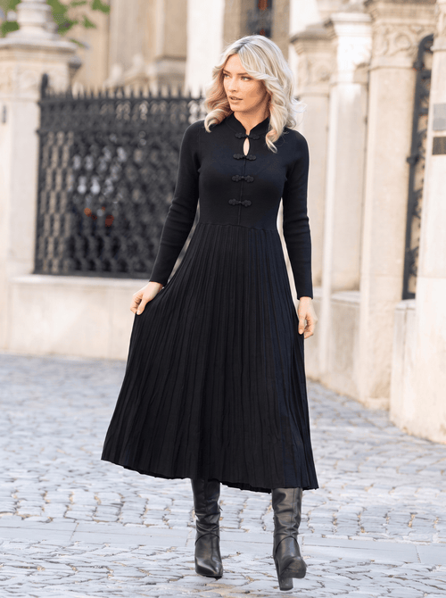 Rochie lungă neagră cu fustă plisată Evelina Natalee