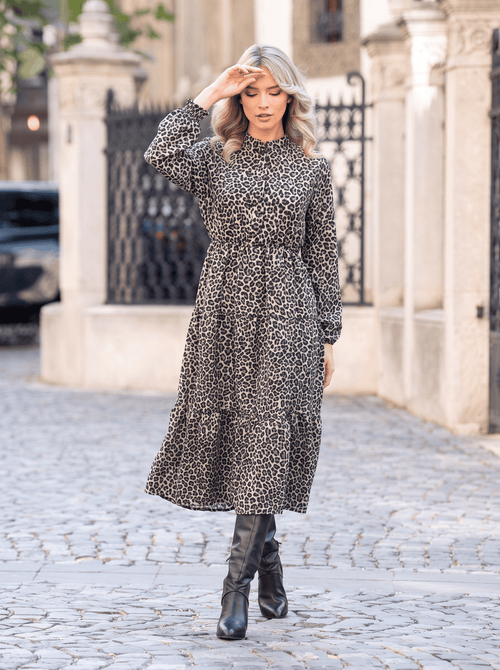 Rochie midi bej cu imprimeu leopard Carina Natalee