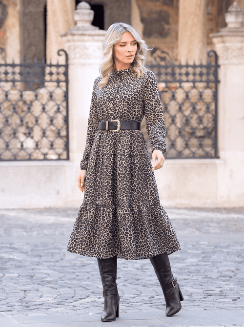 Rochie midi bej cu imprimeu leopard Carina Natalee