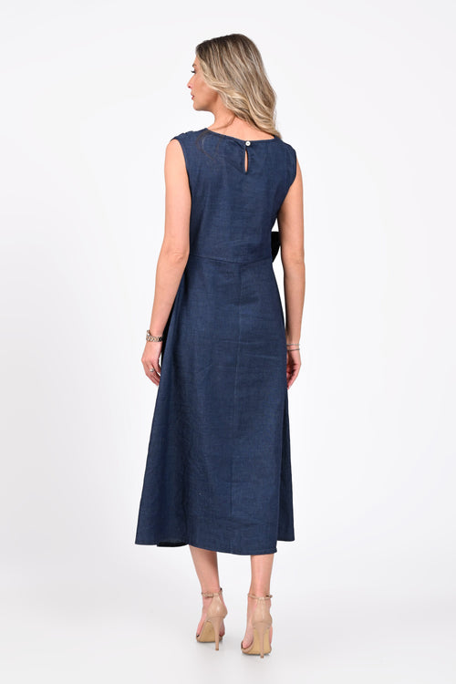 Rochie midi bleumarin cu fundă în talie – Eveline Natalee Fashion