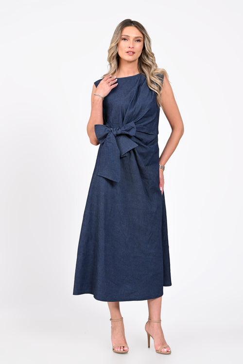 Rochie midi bleumarin cu fundă în talie – Eveline Natalee Fashion