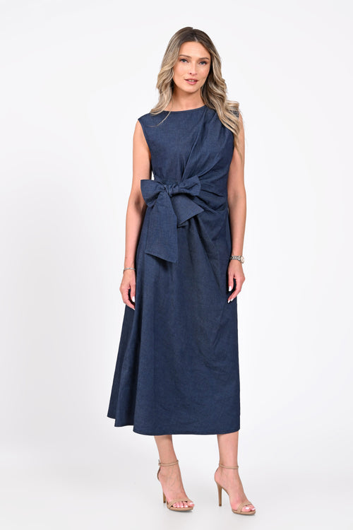Rochie midi bleumarin cu fundă în talie – Eveline Natalee Fashion
