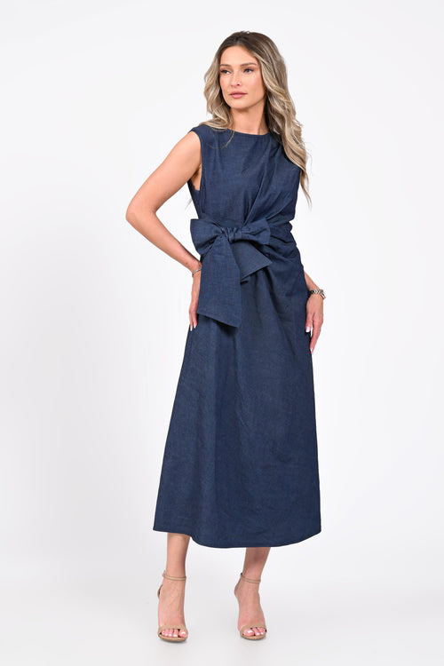 Rochie midi bleumarin cu fundă în talie – Eveline Natalee Fashion
