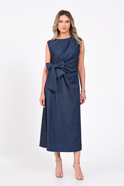 Rochie midi bleumarin cu fundă în talie – Eveline Natalee Fashion