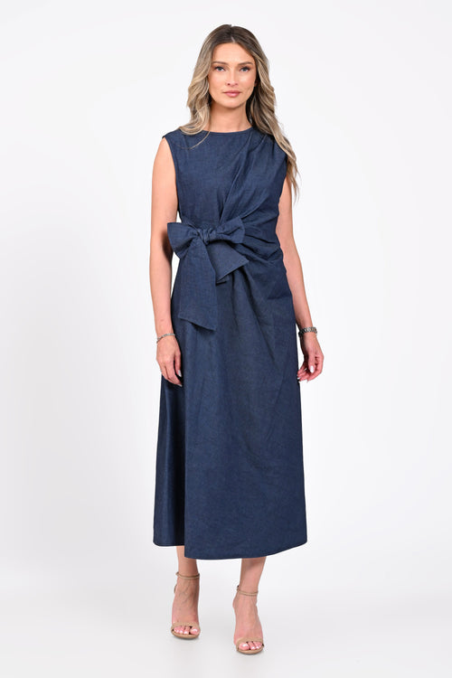 Rochie midi bleumarin cu fundă în talie – Eveline Natalee Fashion