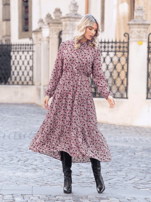 Rochie midi cu imprimeu floral roz-bordo Miruna Natalee