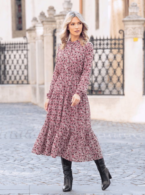 Rochie midi cu imprimeu floral roz-bordo Miruna Natalee