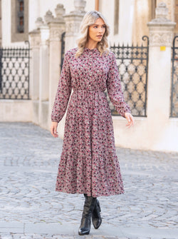 Rochie midi cu imprimeu floral roz-bordo Miruna Natalee