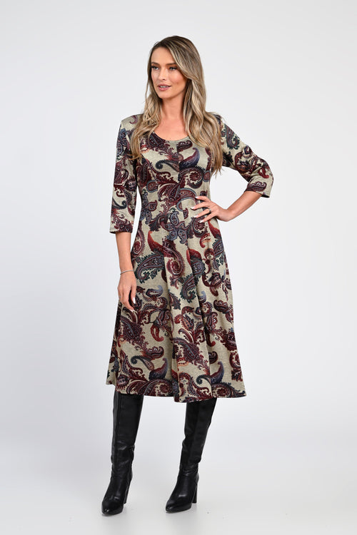 Rochie midi cu imprimeu paisley și mânecă 3/4 – rochia Amara Natalee