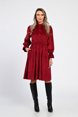 Rochie midi din raiat bordo cu guler și nasturi decorativi – rochia Eveline Natalee