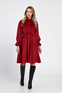 Rochie midi din raiat bordo cu guler și nasturi decorativi – rochia Eveline Natalee