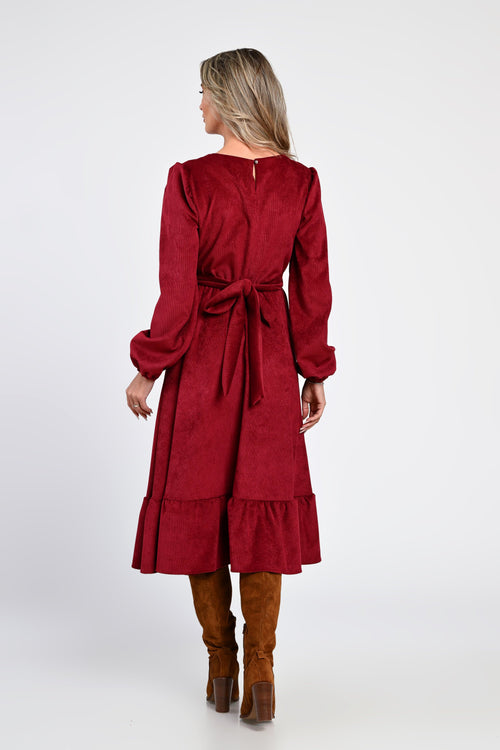 Rochie midi din raiat bordo cu volane – rochia Daria Natalee