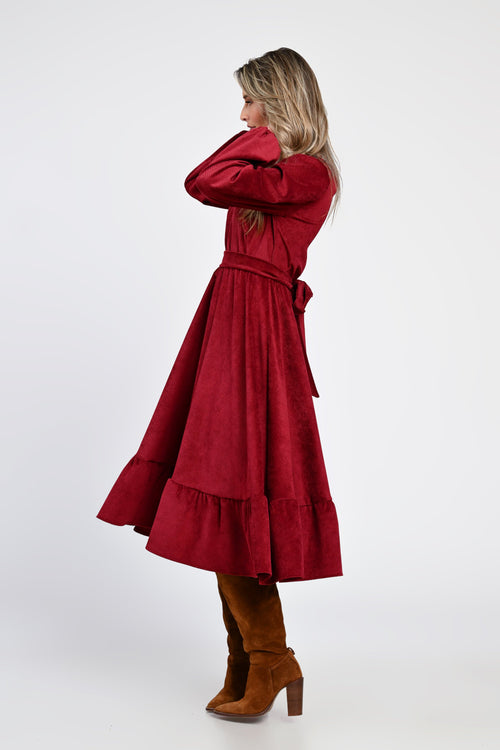 Rochie midi din raiat bordo cu volane – rochia Daria Natalee