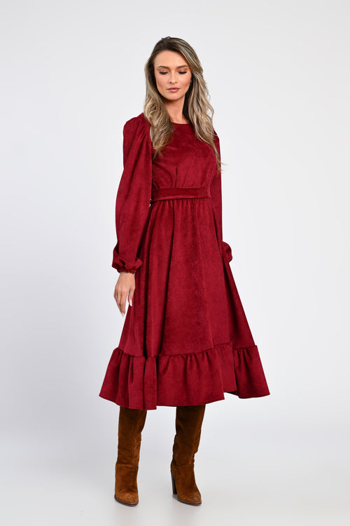 Rochie midi din raiat bordo cu volane – rochia Daria Natalee