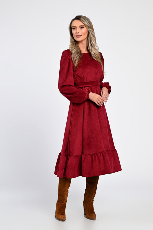 Rochie midi din raiat bordo cu volane – rochia Daria Natalee