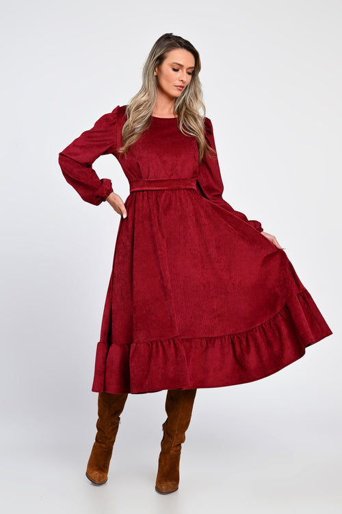 Rochie midi din raiat bordo cu volane – rochia Daria Natalee