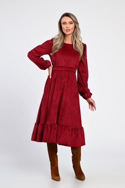 Rochie midi din raiat bordo cu volane – rochia Daria Natalee