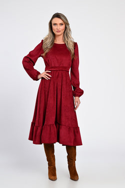 Rochie midi din raiat bordo cu volane – rochia Daria Natalee