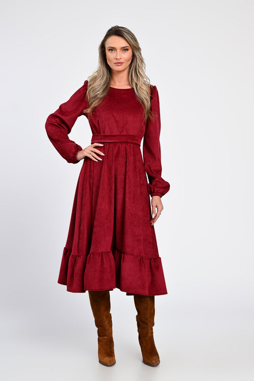 Rochie midi din raiat bordo cu volane – rochia Daria Natalee