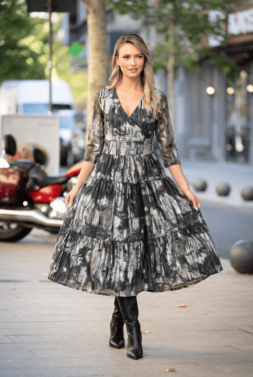 Rochie midi neagră cu imprimeu abstract Evelin Natalee