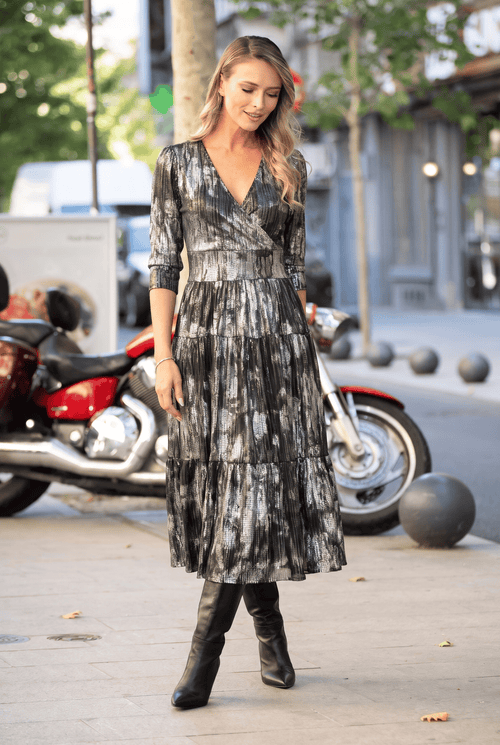 Rochie midi neagră cu imprimeu abstract Evelin Natalee