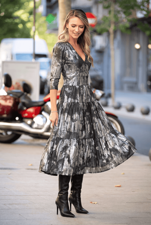 Rochie midi neagră cu imprimeu abstract Evelin Natalee