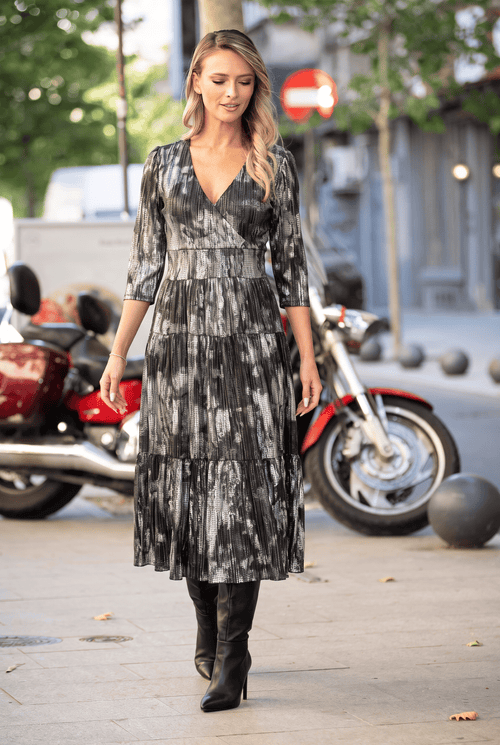 Rochie midi neagră cu imprimeu abstract Evelin Natalee