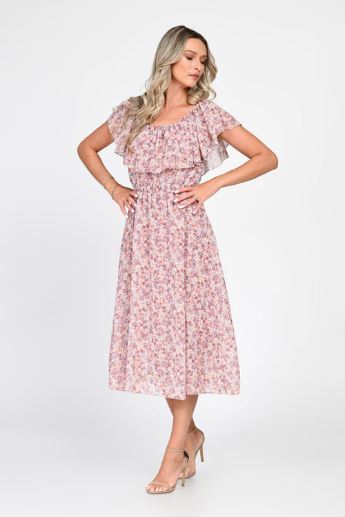 Rochie midi roz cu imprimeu floral Evelina Natalee