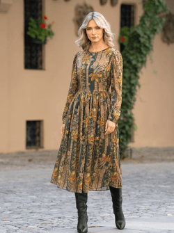 Rochie midi verde cu imprimeu floral-paisley Casiana Natalee