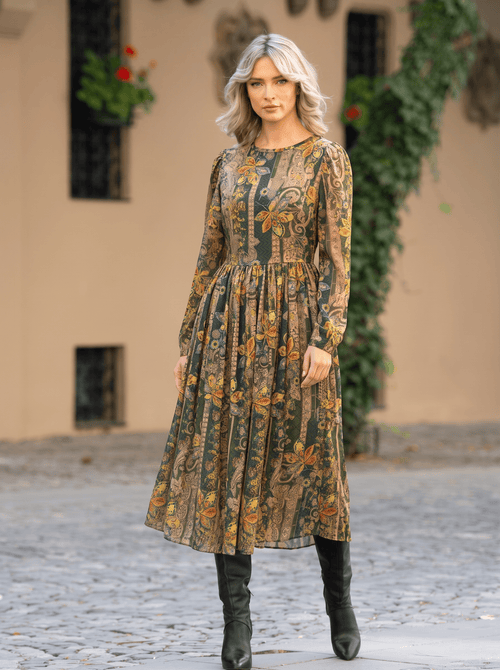 Rochie midi verde cu imprimeu floral-paisley Casiana Natalee