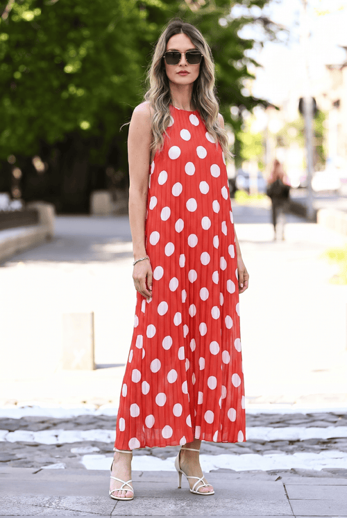 Rochie plisată cu buline Serena S/M / rosu Natalee