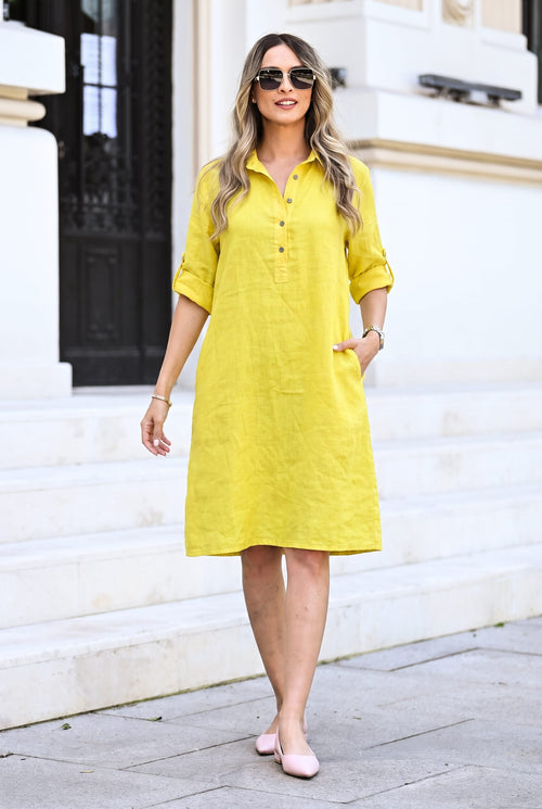 Rochie tip cămașă galbenă din in Elena Natalee