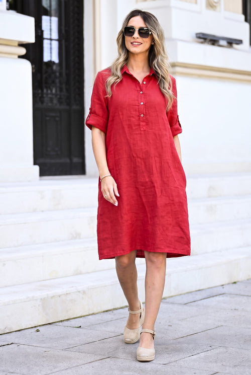 Rochie tip cămașă roșie din in Amalia Natalee Fashion