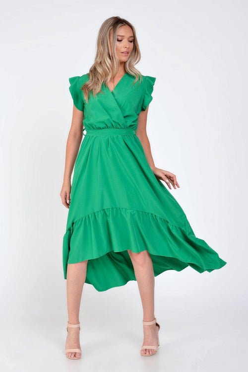 Natalee Fashion Rochie Rochie verde asimetrica cu volane umar Amira