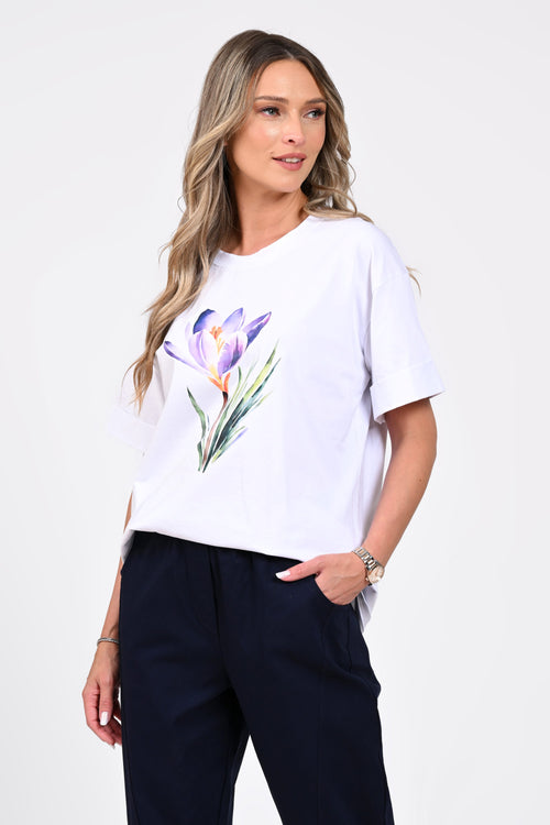 Tricou damă alb cu imprimeu floral mov – Iris Natalee