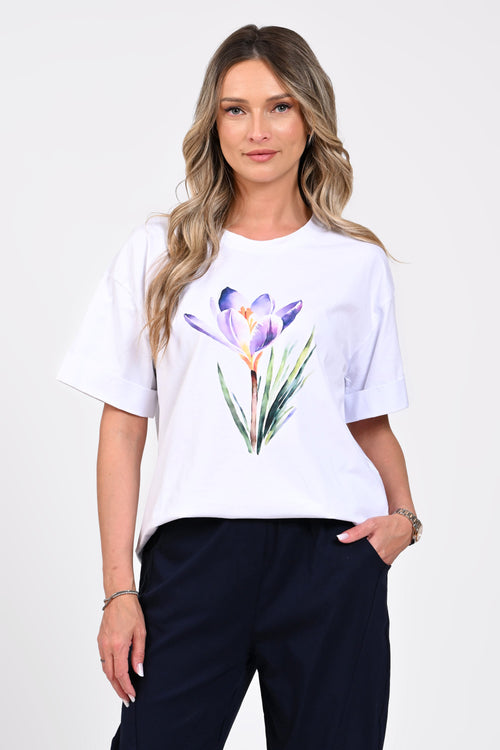 Tricou damă alb cu imprimeu floral mov – Iris Natalee