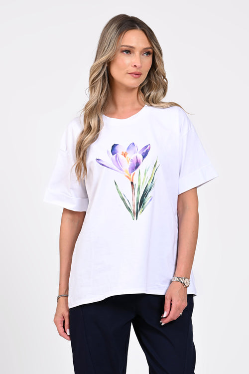 Tricou damă alb cu imprimeu floral mov – Iris Natalee