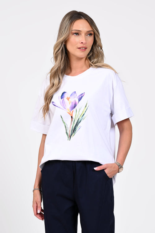 Tricou damă alb cu imprimeu floral mov – Iris Natalee