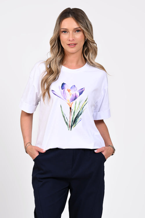 Tricou damă alb cu imprimeu floral mov – Iris Natalee